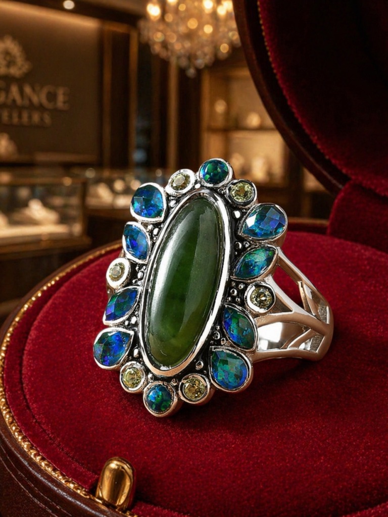 Sajen Silver Nephrite Jade ,Peacock Quartz And Peridot 8.00 Ctw Ring Size 10